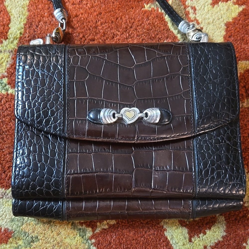 90s BRIGHTON Black / Brown Croc-Embossed Crossbody Bag - Picture 2 of 7